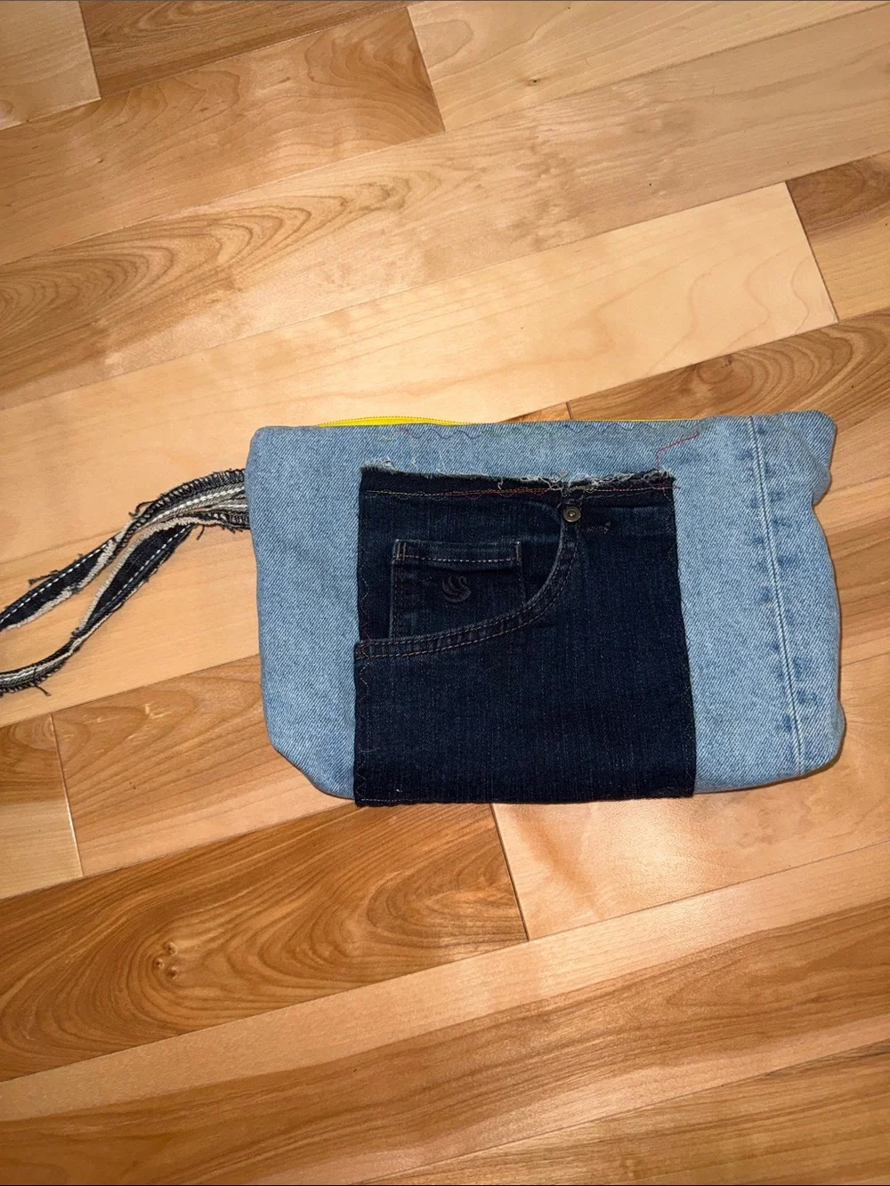 Colorful Custom Denim Wristlet Pouch with Yellow Zip new